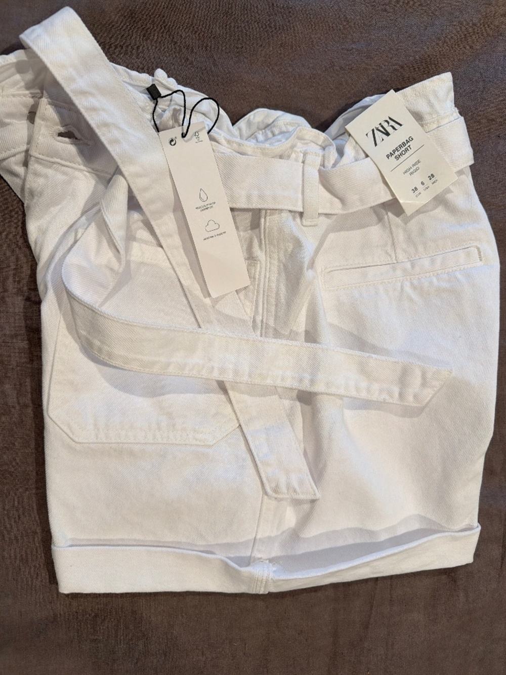 Zara White Paperbag Denim Shorts Belted Size 6 NWT